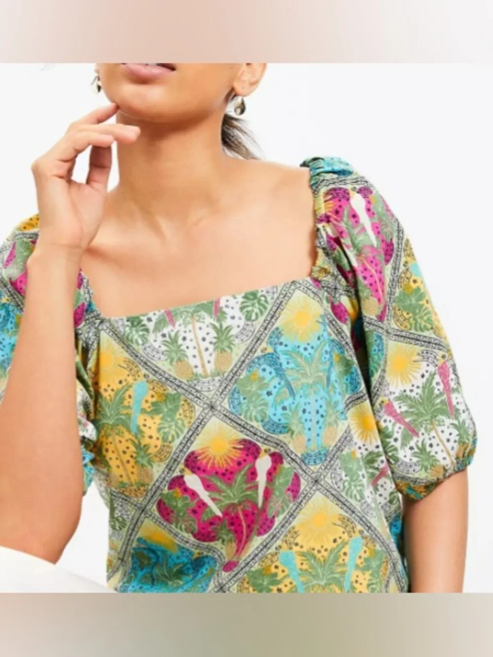 LOFT Vibrant Palm Bubble Sleeve Square Neck Blouse - Size Medium